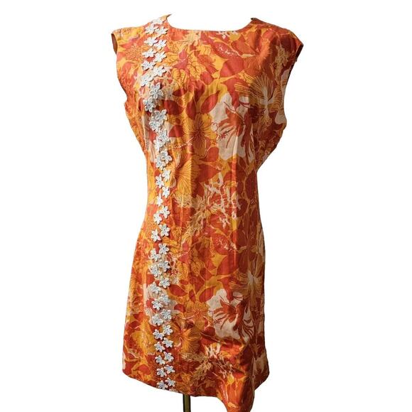 Vintage Key West Hand Print Fabrics Dress Orange Hibiscus Appliqued Lined Medium - Picture 1 of 10